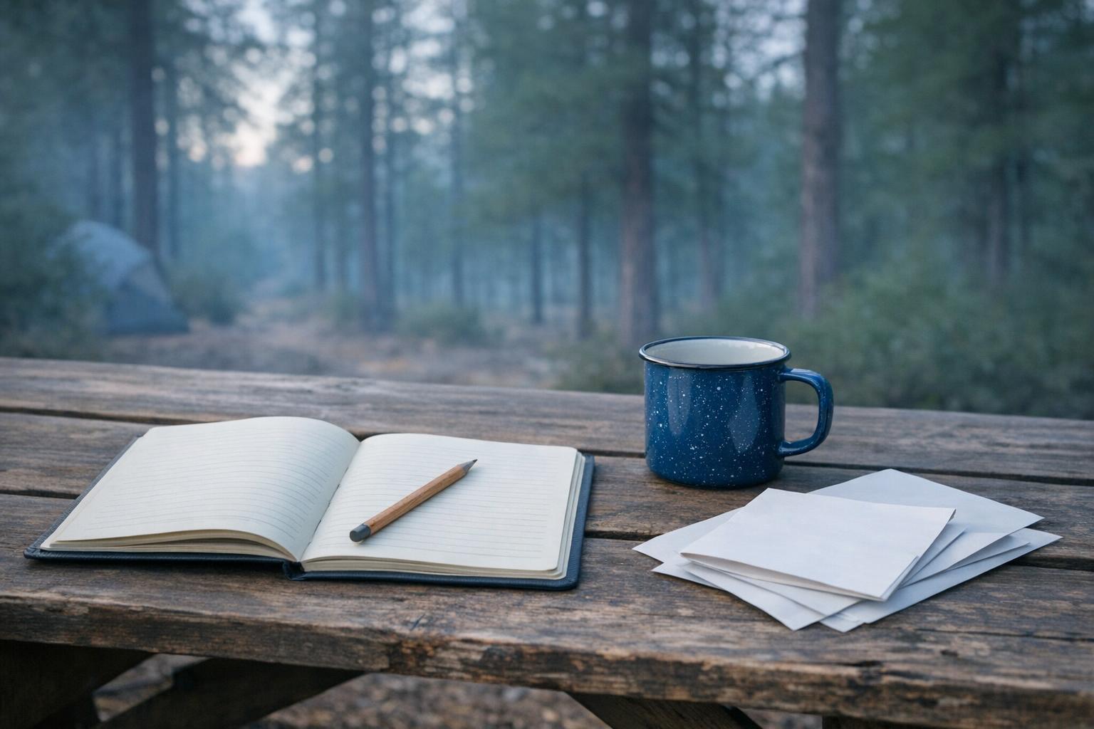 Open notebook, mug and papers on a picnic table in a forest campsite.