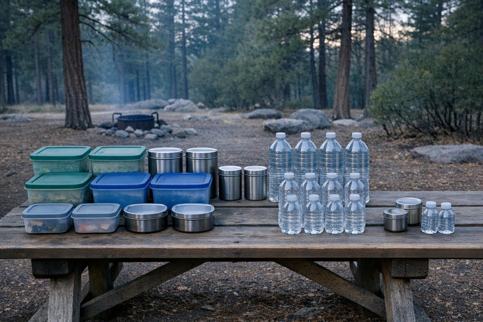 Food containers and water bottles arranged on a campsite table.
