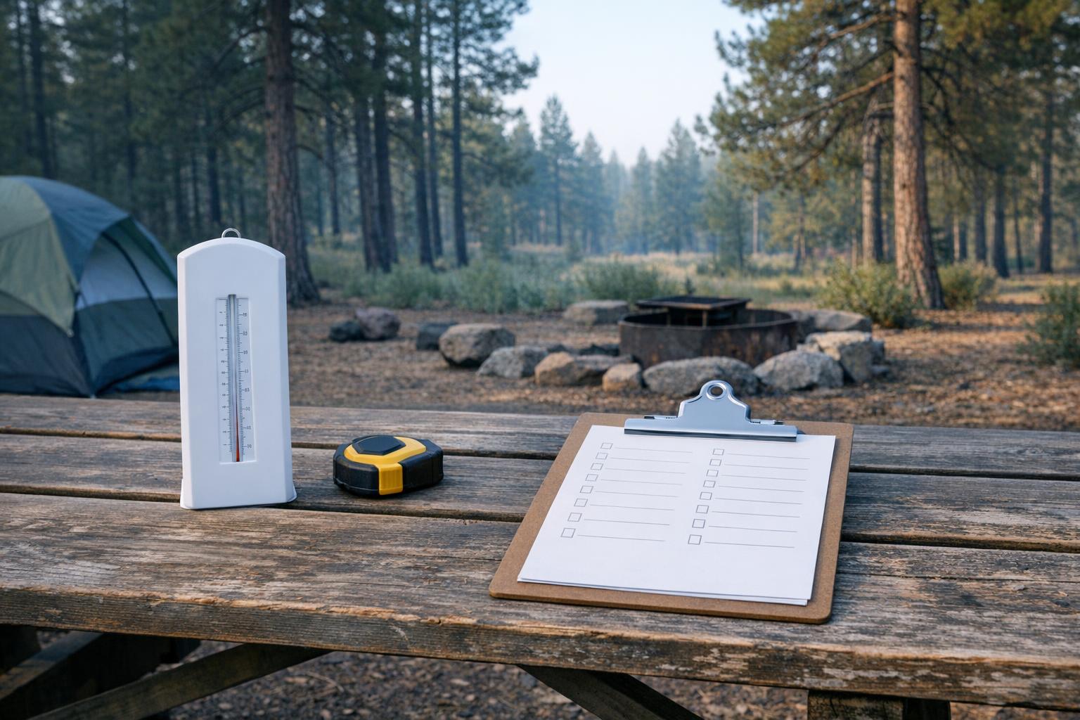 Clipboard, tape measure and white upright device on a campsite table.